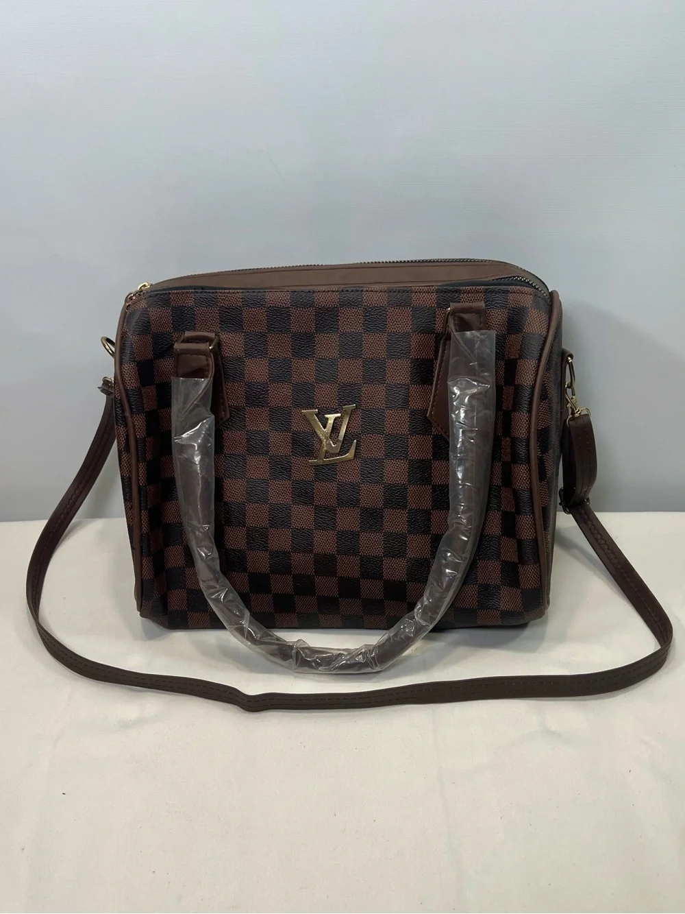 Brown Monogram Style Satchel Purse Gold Tone Hardware Fashion Handbag Flaw